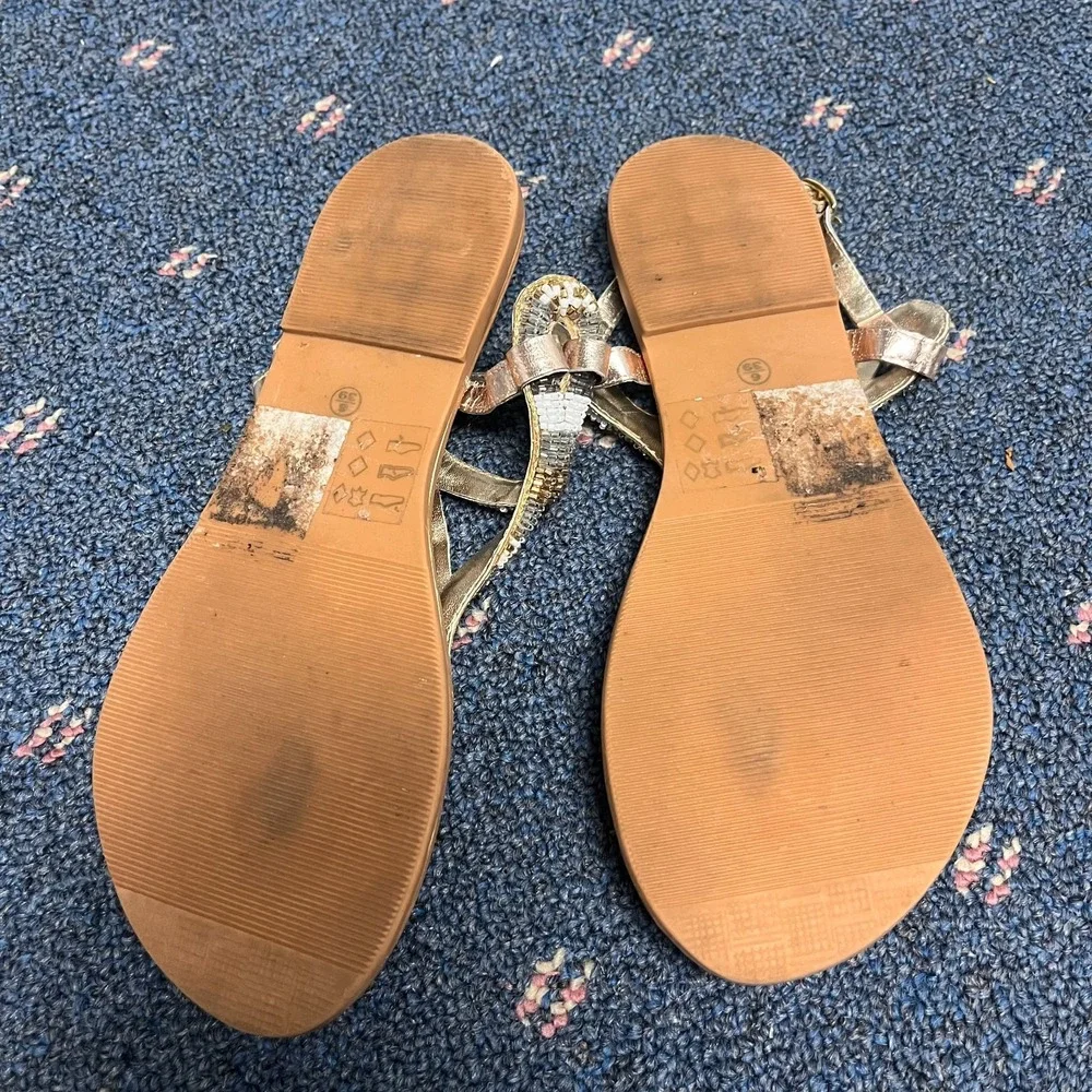 Love & Roses Womens Sz 6 Thong Flip Flop Sandal Metallic Snake Bead Ankle Strap‎